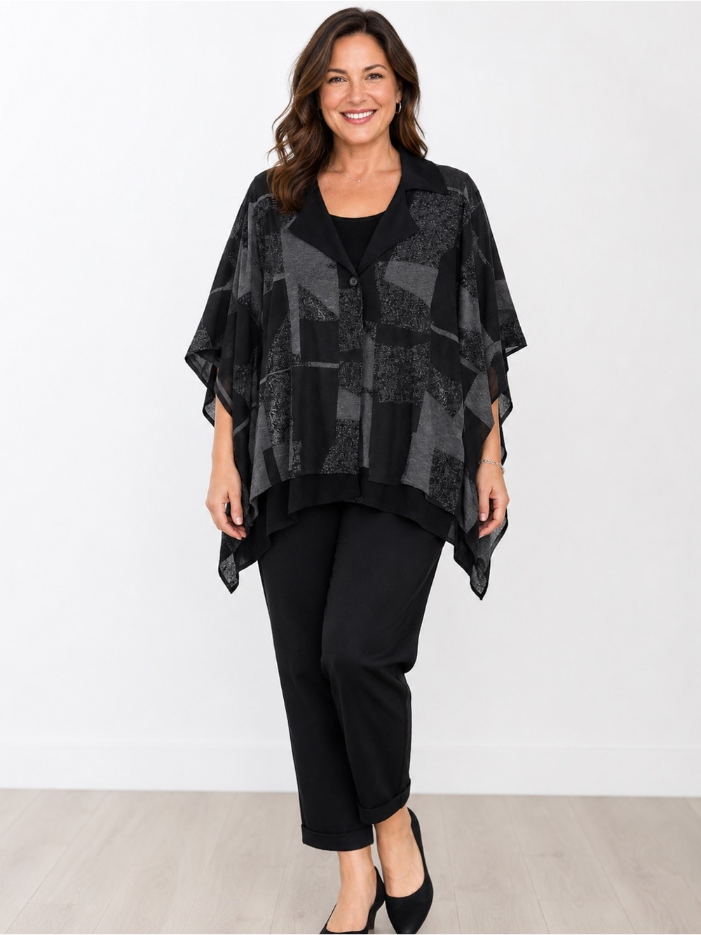 LYNN RITCHIE SILVER WOMENS GRAY BLACK PONCHO WITH BUTTON CLOSURE SIZE M/L